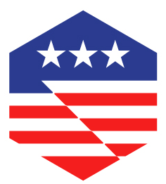 Hexagonal emblem with stars and stripes in red, white, and blue.