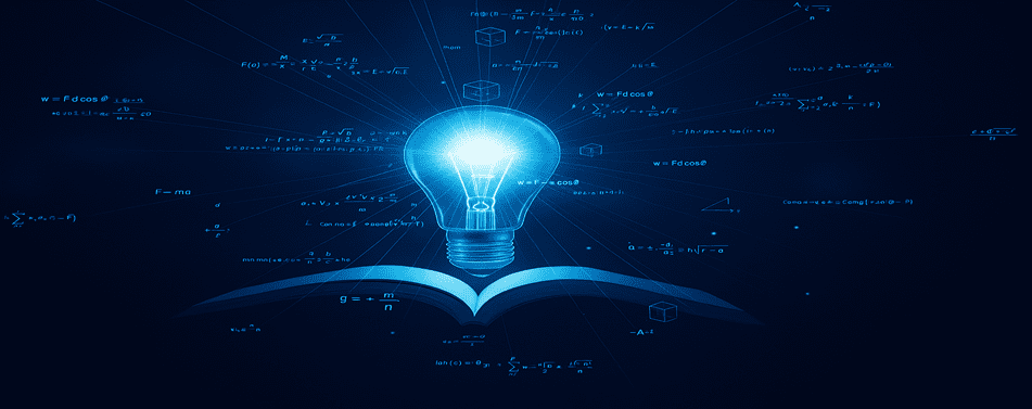 A glowing light bulb above an open book with mathematical formulas.